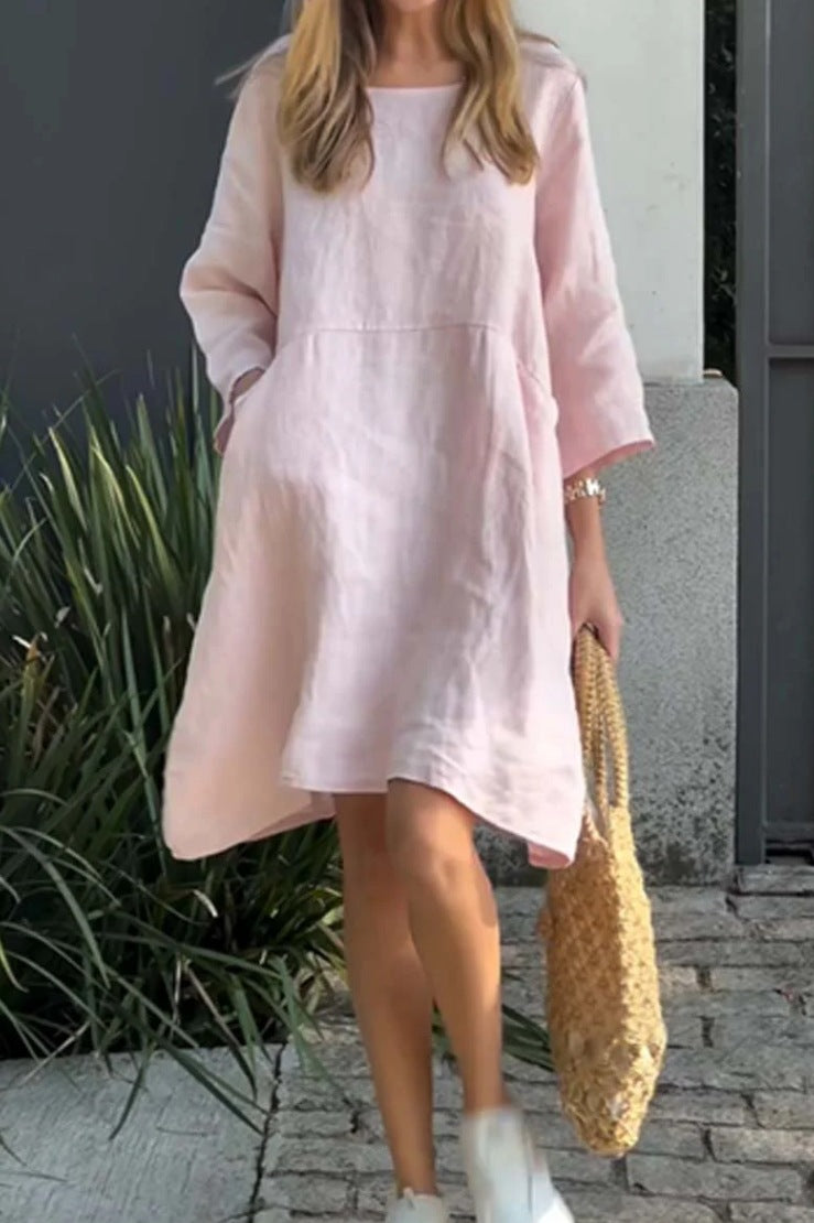 Damen lässiges Leinenkleid mit praktischen Taschen und asymmetrischem Saum Echoarchiv