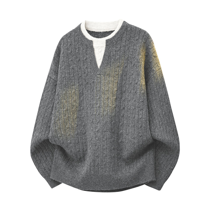 Damen Oversize Zopfstrick-Pullover mit V‑Ausschnitt und Lagenkragen Echoarchiv