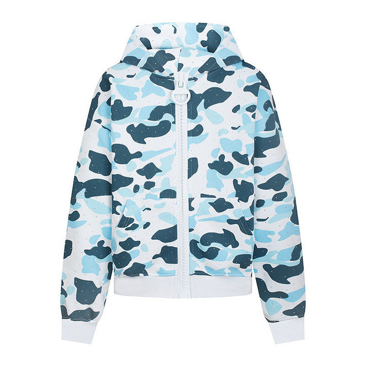 Damen Kapuzenjacke im Camouflage‑Print mit durchgehendem Reißverschluss, Kängurutasche und Rippbündchen Echoarchiv