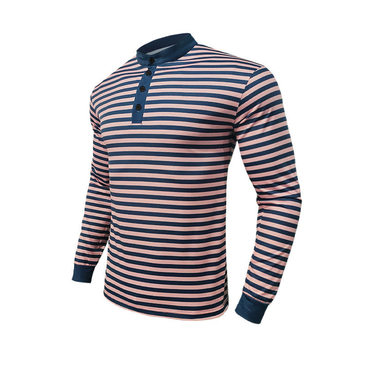 Herren nan gestreiftes Langarm-Henleyshirt mit Stehkragen, schmaler Passform und elastischem Baumwollmix Echo Archiv