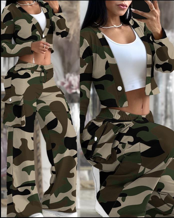 Damen Lounge-Set mit weicher Cargo-Sweathose mit weitem Bein und Cropped-Cardigan – Veloura