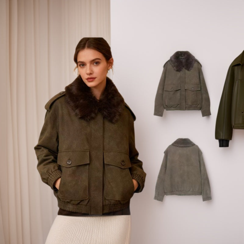 Damen Kurzjacke in Velourslederoptik mit abnehmbarem Fellkragen und Pattentaschen Echo Archiv