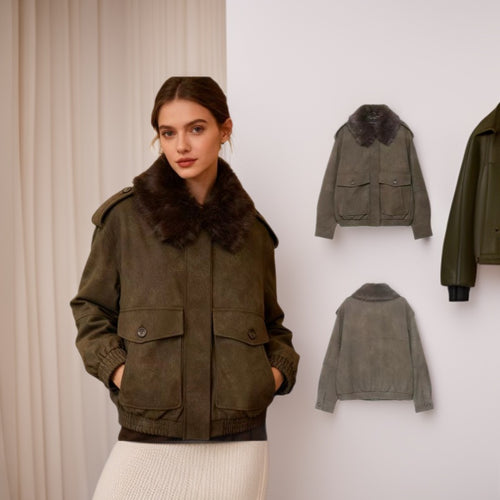 Damen Kurzjacke in Velourslederoptik mit abnehmbarem Fellkragen und Pattentaschen Echo Archiv