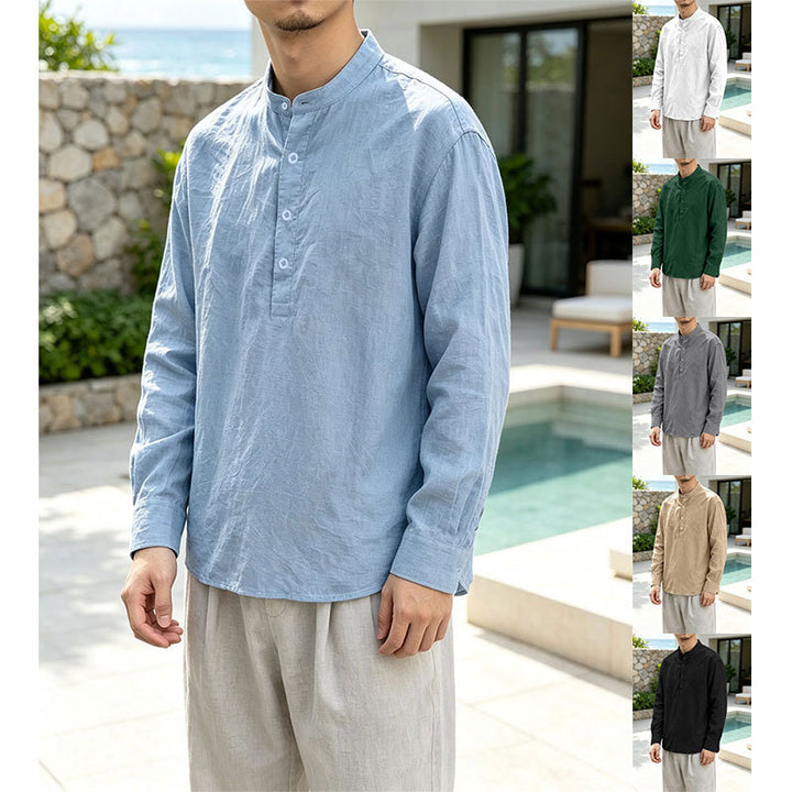 Herren Leinen-Mix Langarmshirt Henley mit Stehkragen Echoarchiv