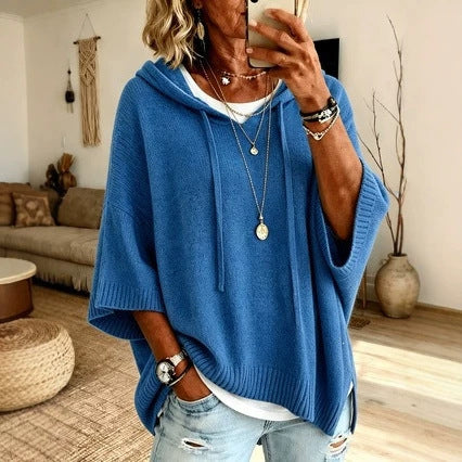 Damen Oversize Strick-Poncho mit Kapuze, Fledermausärmeln und Seitenschlitzen Echo Archiv