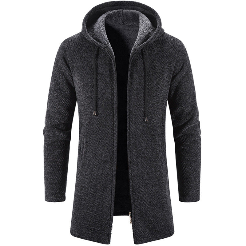 Herren nan langer Kapuzenstrickmantel mit Teddyfutter, durchgehendem Reißverschluss und seitlichen Eingrifftaschen Echo Archiv