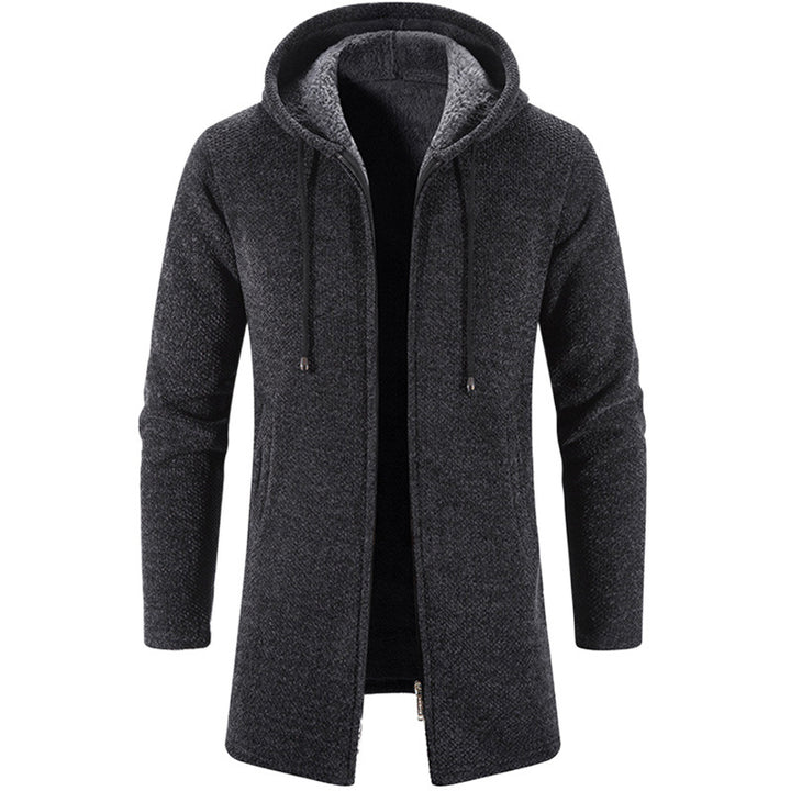 Herren nan langer Kapuzenstrickmantel mit Teddyfutter, durchgehendem Reißverschluss und seitlichen Eingrifftaschen Echo Archiv