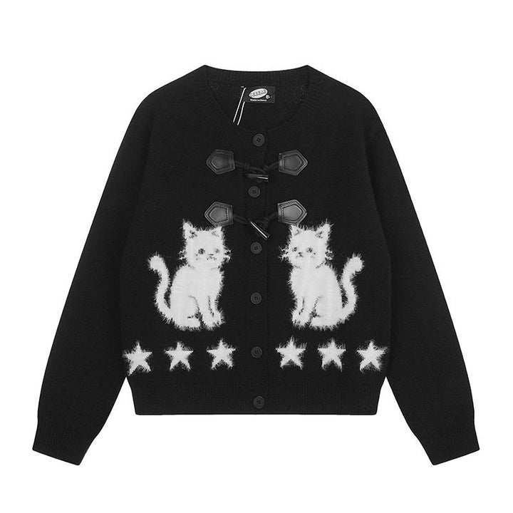 Damen Strickjacke mit Katzen-Jacquard, Zierknebelverschluss und Sternbordüre Echoarchiv