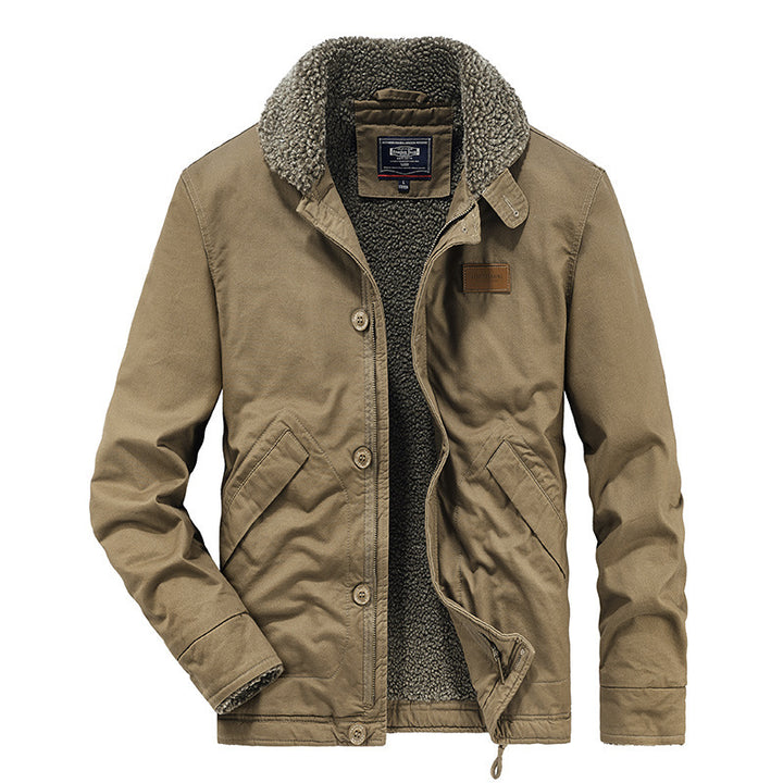 Herren Canvas-Workerjacke mit durchgehendem Teddyfutter, Stehkragen und Kordelzug – Taviero