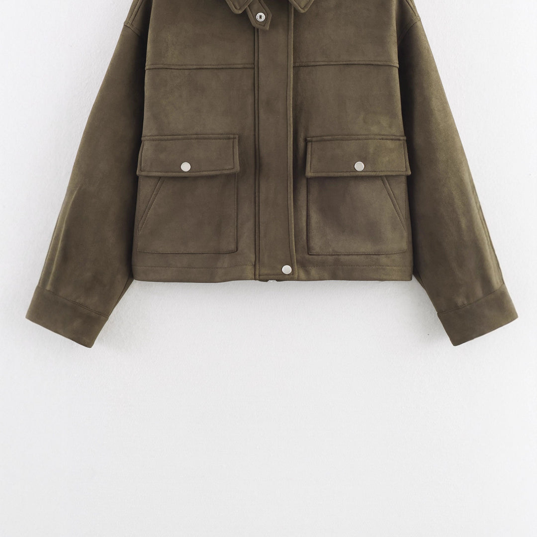 Damen Kurz geschnittene Wildlederoptik-Utility-Jacke mit aufgesetzten Klappentaschen Echo Archiv