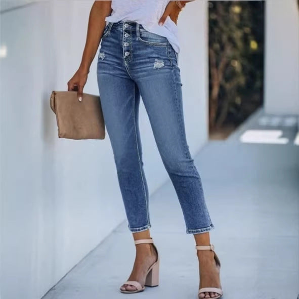 Damen Hochtaillierte Slim-Jeans mit sichtbarer Knopfleiste und knöchellanger Passform Echo Archiv