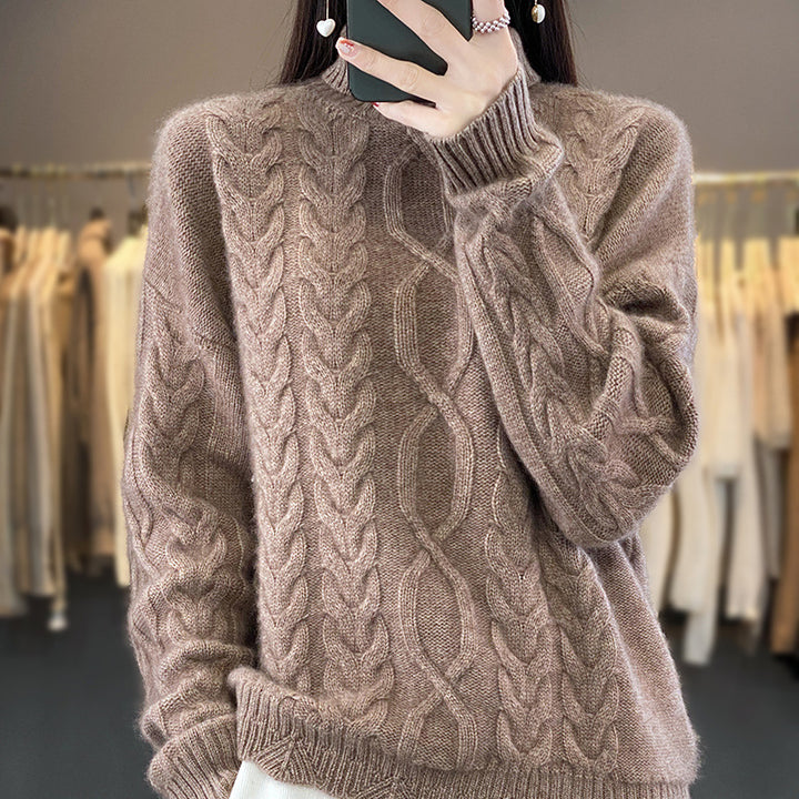 Damen Oversize-Zopfmuster-Pullover mit Mohair-Optik und gerippten Bündchen Echoarchiv
