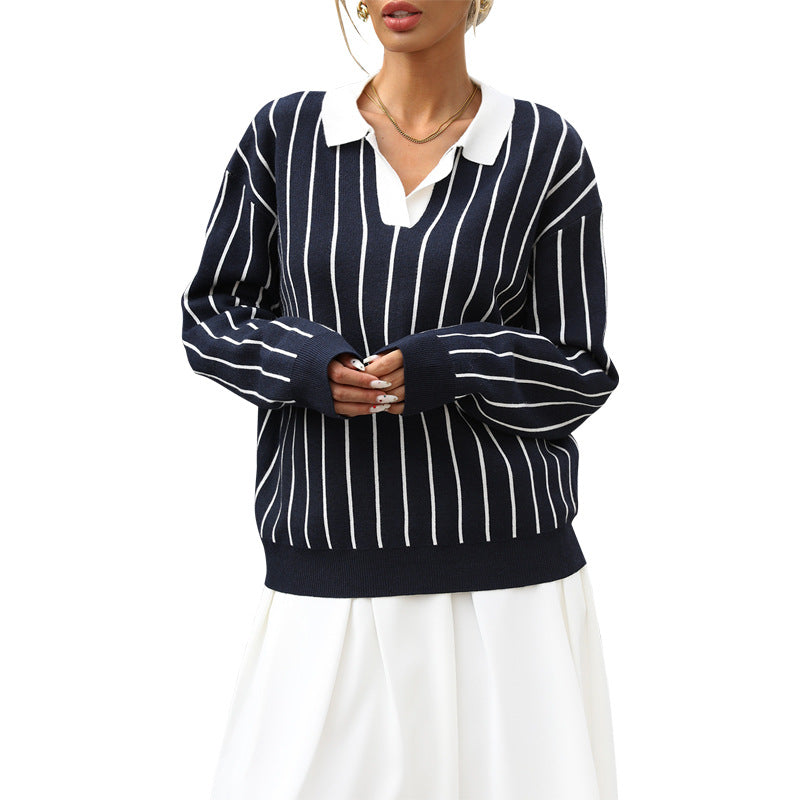 Damen Modischer Strickpullover mit Polo-Kragen und gestreiftem Design Echo Archiv