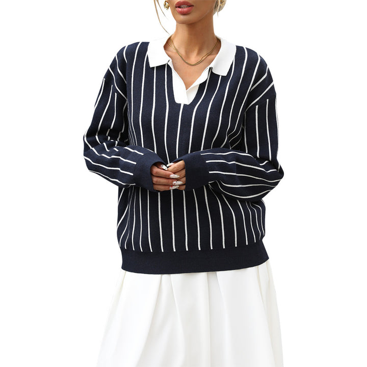 Damen Modischer Strickpullover mit Polo-Kragen und gestreiftem Design Echo Archiv