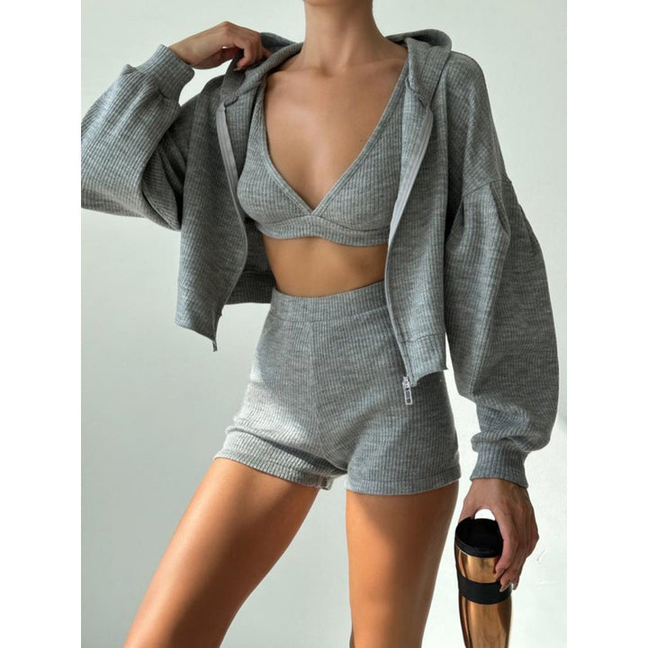 Damen nan kurzes geripptes Lounge-Set mit Kapuzen-Zipjacke und Highwaist-Shorts Echo Archiv
