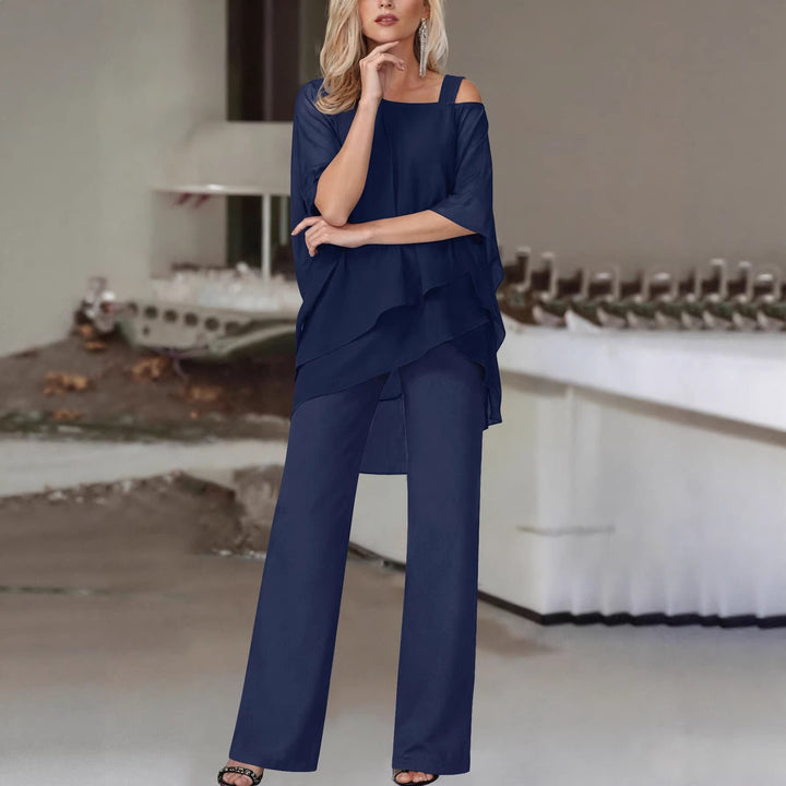 Damen Elegantes Chiffon-Zweiteiler mit Lagen‑Tunika, asymmetrischem Ein‑Schulter‑Detail und weiter Palazzohose – Élanora