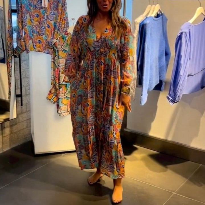 Damen nan Stufenmaxikleid im Boho-Stil mit Paisley-Print, V-Ausschnitt, geraffter Empire-Taille und elastischen Manschetten Echo Archiv
