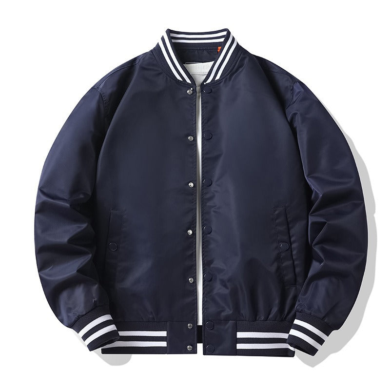 Men's retro-striped collar varsity snap-front satin-effect bomber jacket – Brevano
