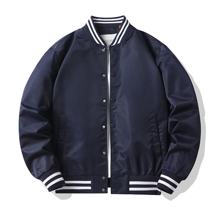 Men's retro-striped collar varsity snap-front satin-effect bomber jacket – Brevano