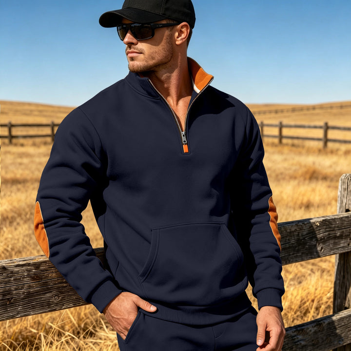 Herren Athletisches Halbzip-Sweatshirt mit Ellenbogenpatches und Kängurutasche Echoarchiv