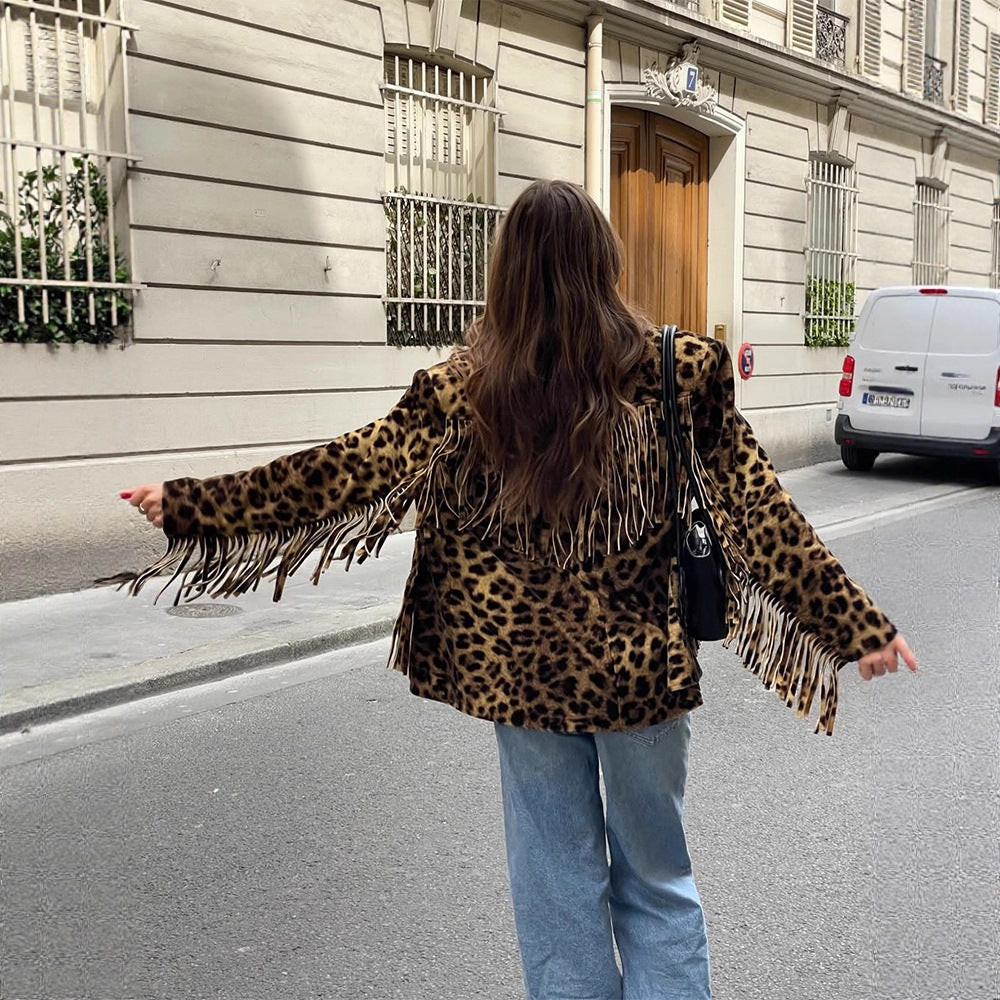 Damen Kurzer Kunstfell-Blouson mit Leopardenprint und Fransen Echoarchiv