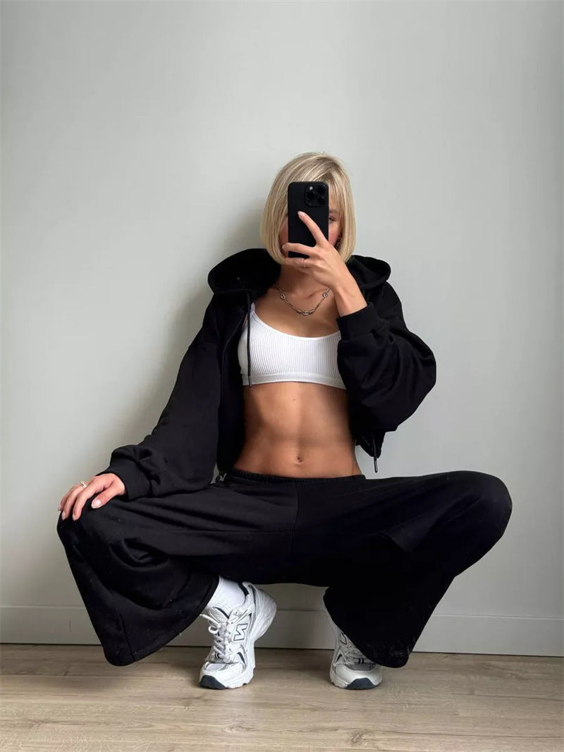 Damen cropped Kapuzenzipper mit Ballonärmeln und elastischem Saum – Auréline