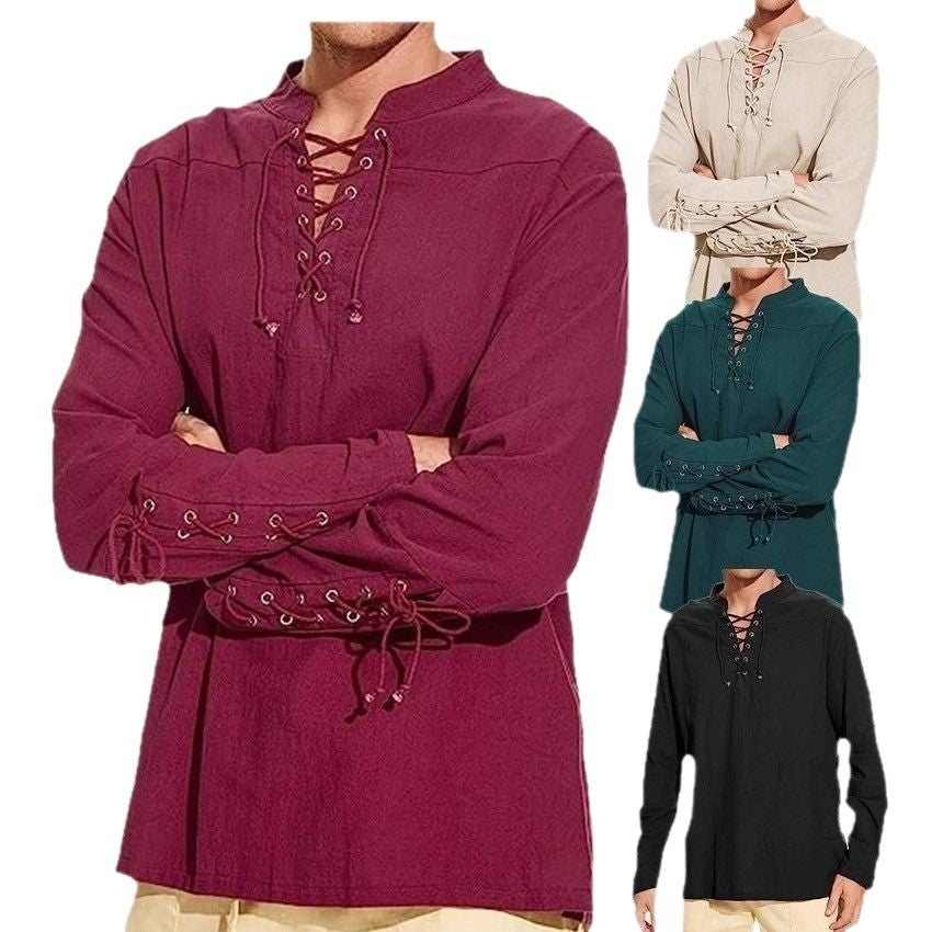 Herren Leinenhemd mit originellem Schnürdesign und lässigem Stehkragen Echoarchiv