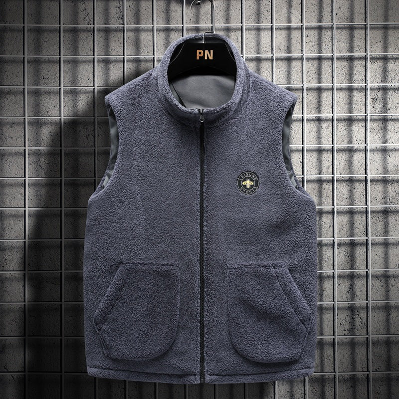 Herren Teddy-Fleece-Weste mit Stehkragen, Reißverschluss und aufgesetzten Taschen – Marzano