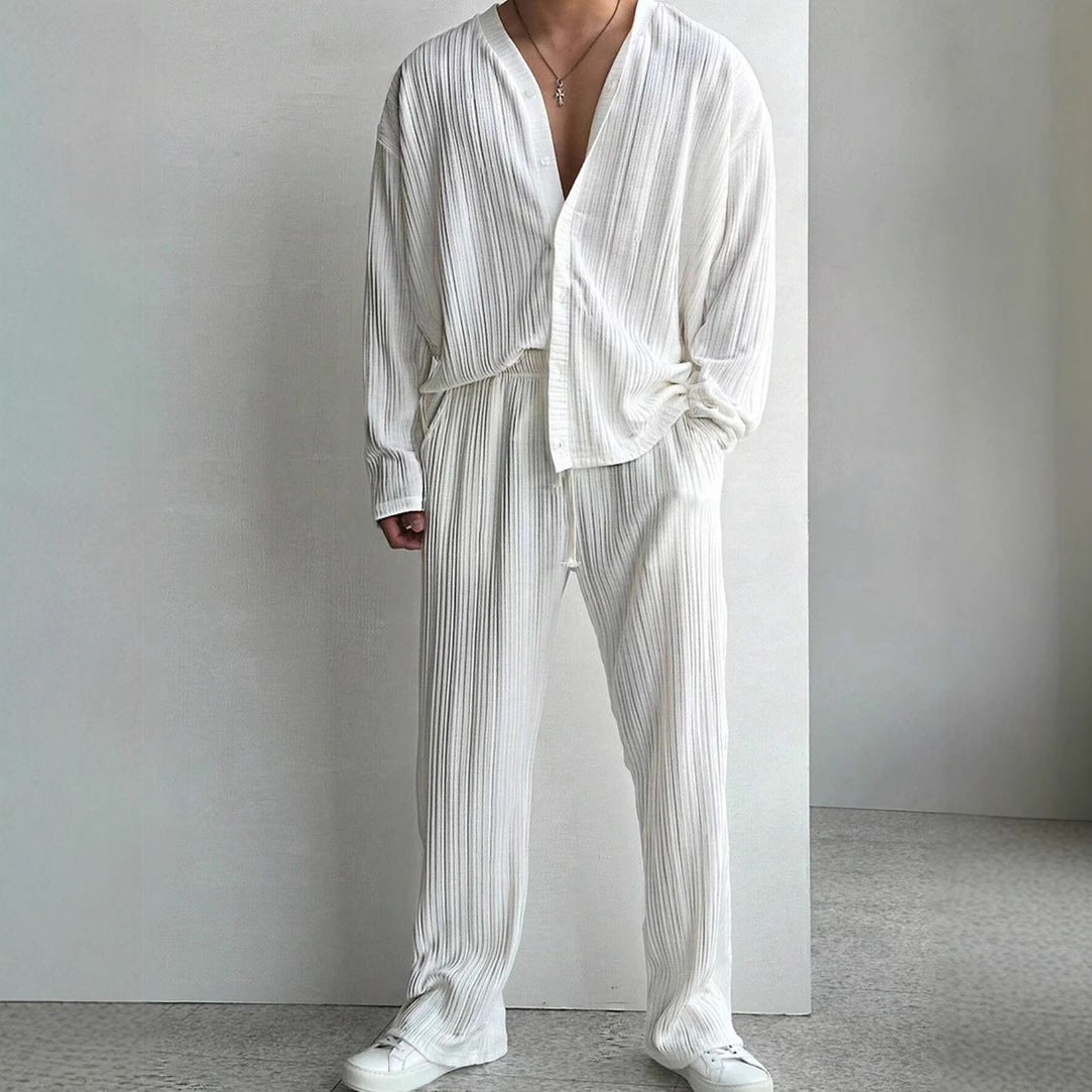 Herren lässiges Set aus gestreifter Hemdbluse und bequemen Hosen – Marzano