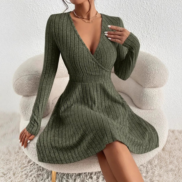 Damen Wickelkleid mit langen Ärmeln und gerippter Textur Echoarchiv