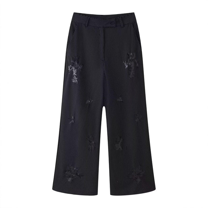 Damen Hochtaillierte weite Marlenehose mit Nadelstreifen und Paillettenstickerei Echo Archiv