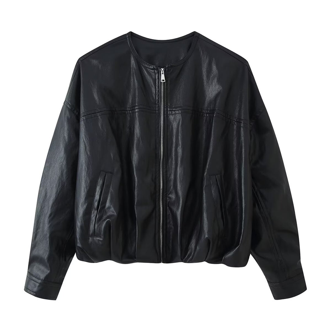Damen Cropped Blouson in Glattlederoptik mit Rundhalsausschnitt und elastischem Saum Echoarchiv