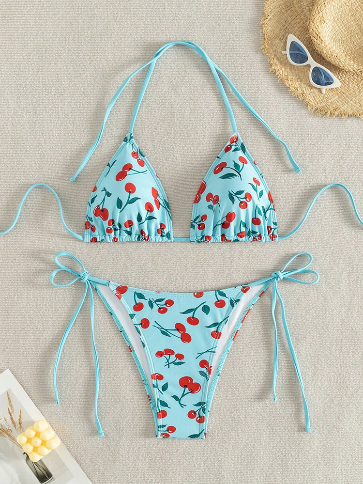 Damen Triangel-Bikini mit fruchtigem Muster und verstellbaren Schnürbändern Echo Archiv