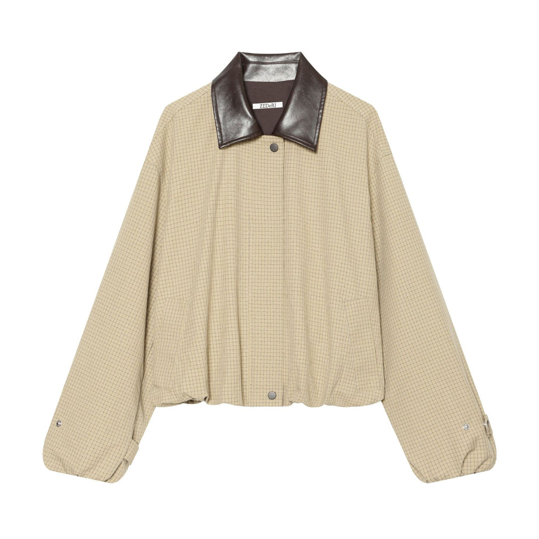 Damen Oversize-Boxy-Jacke mit Karomuster, Kunstleder-Revers und Kordelzugsaum Echo Archiv
