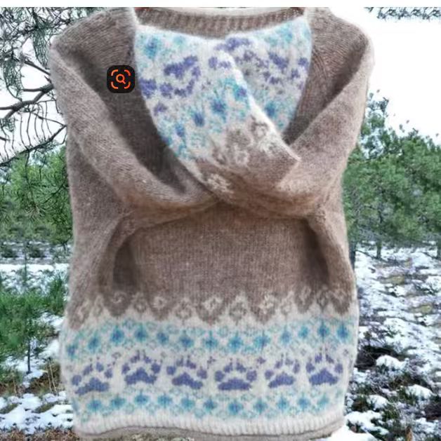 Damen nan melierter Rundhalsausschnittpullover mit kreisförmigem Jacquard-Yoke und geripptem Saum Echo Archiv