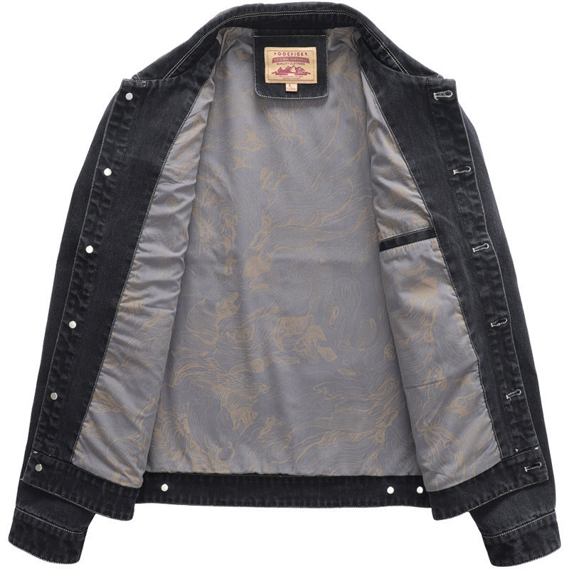 Herren Jeansjacke im Worker‑Stil mit gesticktem Feder‑Motiv und Innensatinfutter Echoarchiv