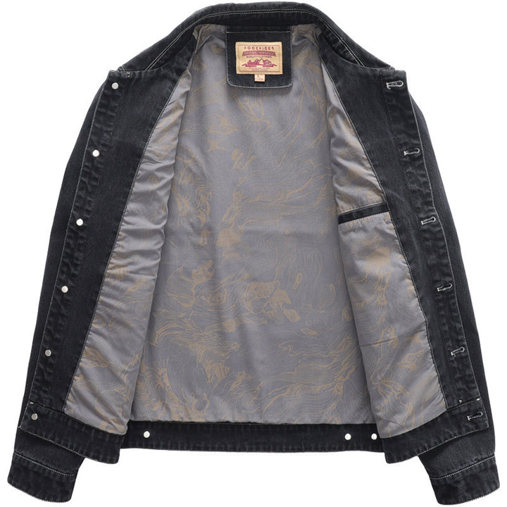Herren Jeansjacke im Worker‑Stil mit gesticktem Feder‑Motiv und Innensatinfutter Echoarchiv