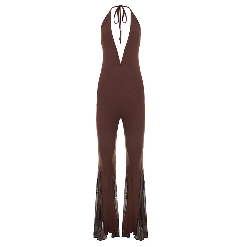 Damen Flared Jumpsuit mit V-Ausschnitt und Rückenschnürung Echo Archiv