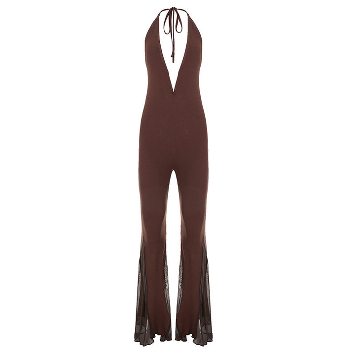 Damen Flared Jumpsuit mit V-Ausschnitt und Rückenschnürung Echo Archiv