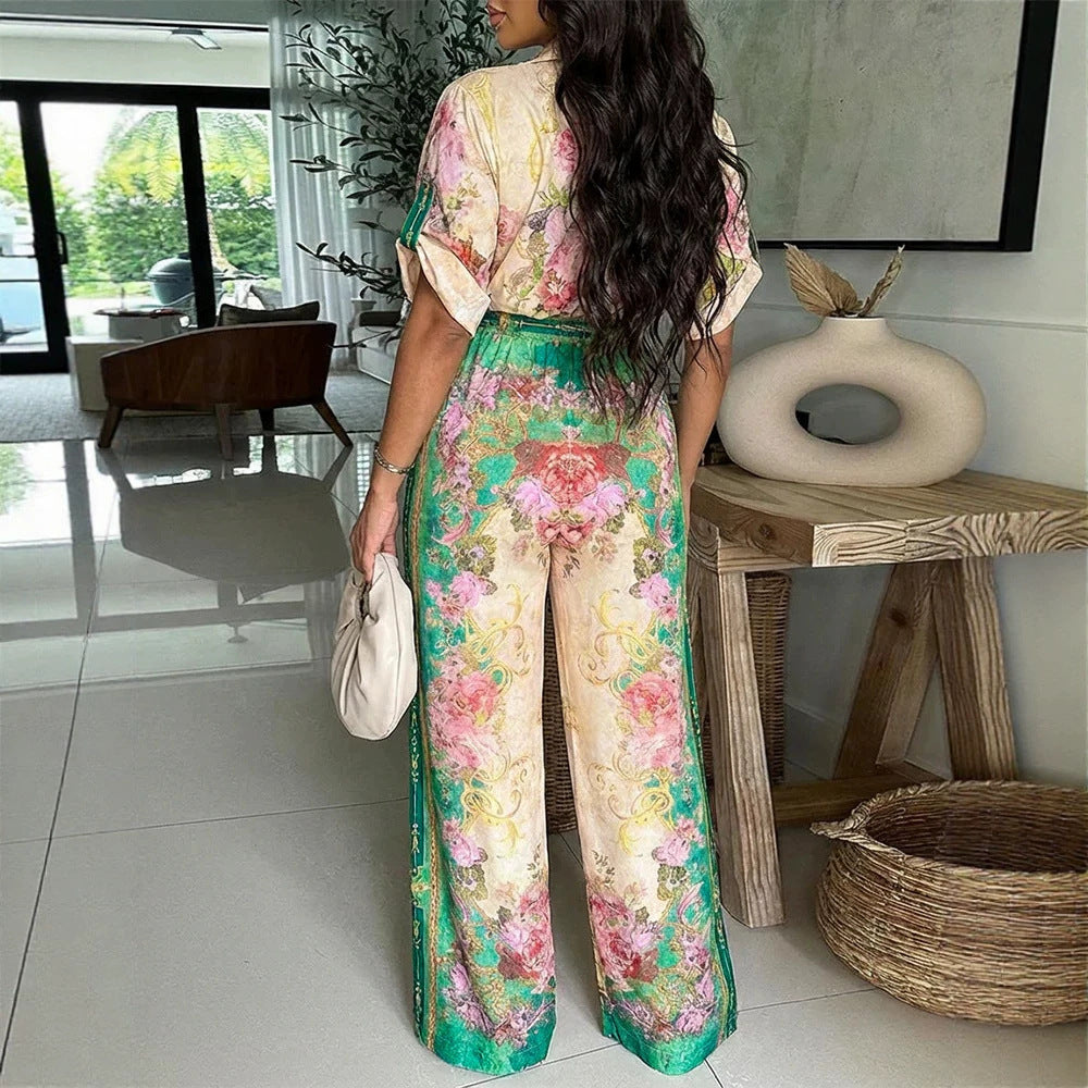 Damen Satin-Jumpsuit mit Hemdkragen, tiefem V-Ausschnitt und weitem Palazzobein – Solévia