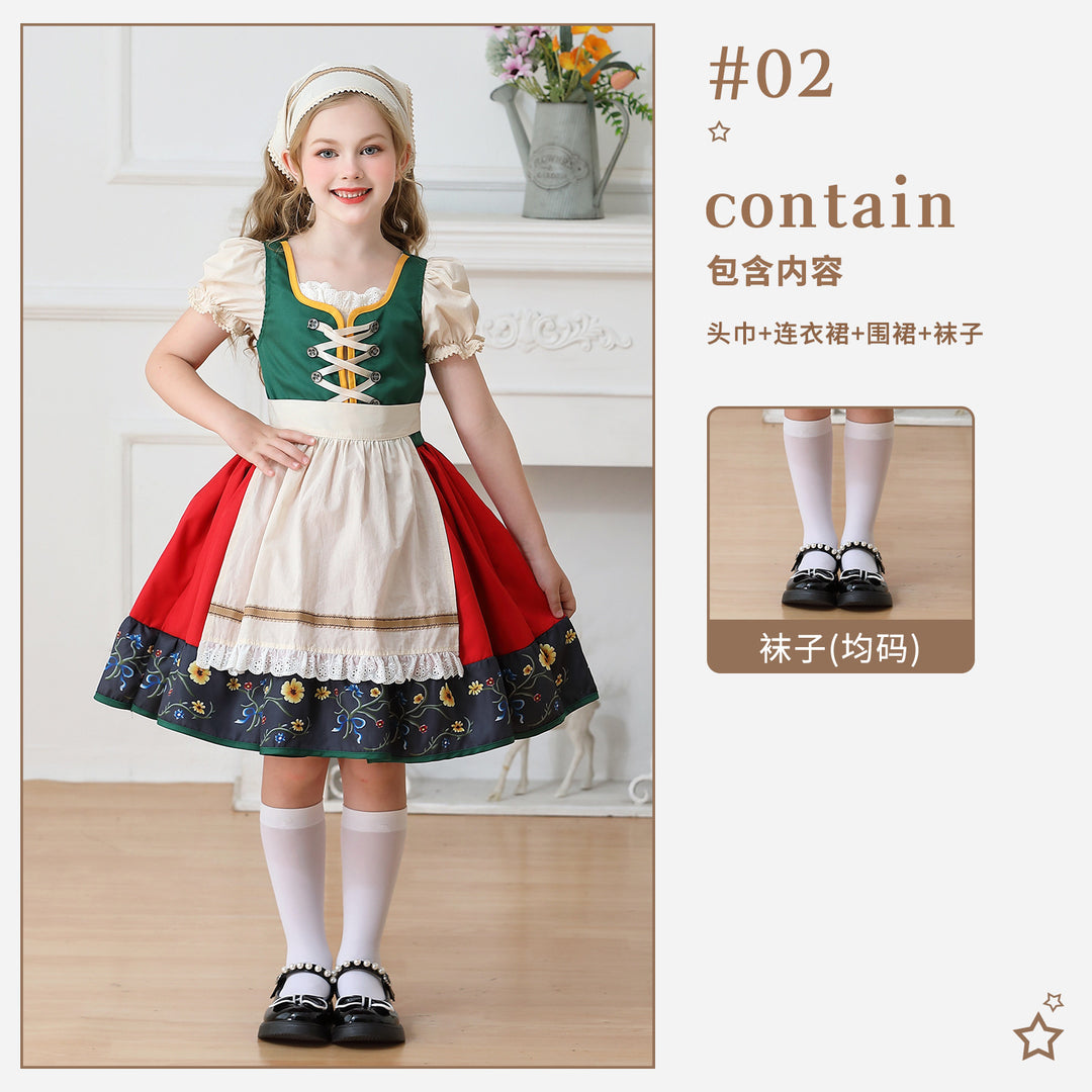 Damen nan traditionelles Kinderdirndl Kleid mit dekorativer Schnürung Schürze und Spitzenkopftuch Echo Archiv