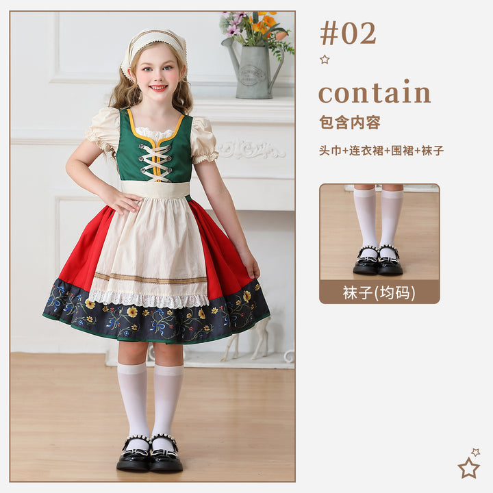 Damen nan traditionelles Kinderdirndl Kleid mit dekorativer Schnürung Schürze und Spitzenkopftuch Echo Archiv