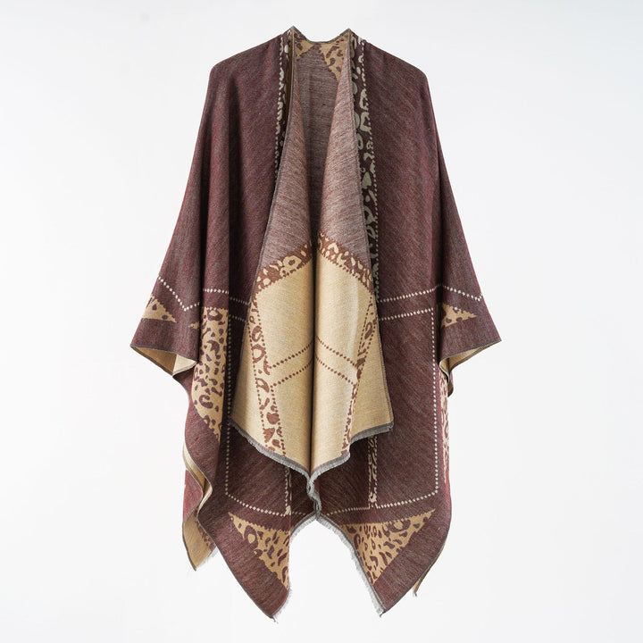 Damen Oversize Cape-Überwurf mit jacquardgewebten Patchmotiven und Fransensaum Echo Archiv