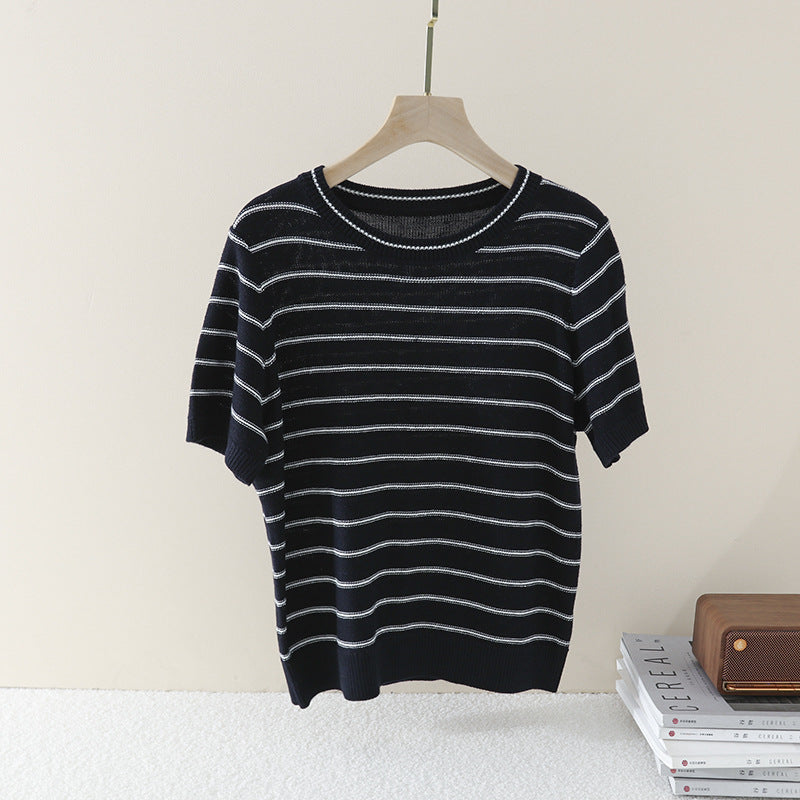 Damen Kurzarm-Feinstrickpullover mit maritimen Streifen Echo Archiv