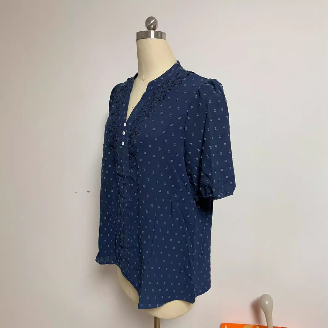 Damen nan semitransparente Dobby-Bluse mit Stehkragen, Häkelblende und Puffärmeln Echo Archiv
