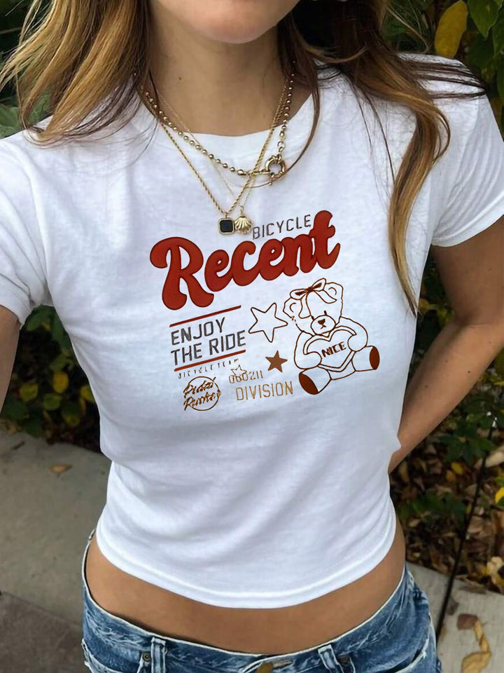 Damen figurbetontes T-Shirt mit Vintage-Teddymotiv und urbanem Schriftzug Echo Archiv