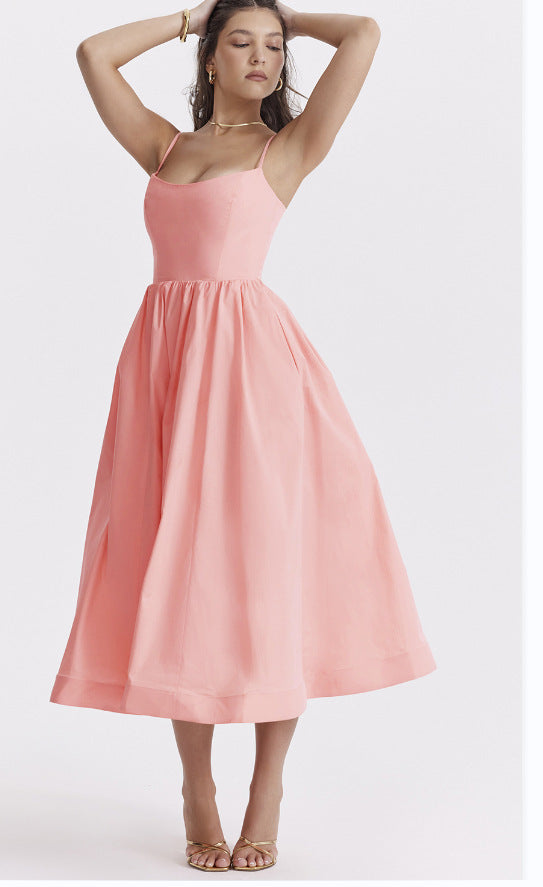 Damen elegantes Midikleid mit Spaghetti-Trägern und fließendem Rock Echo Archiv