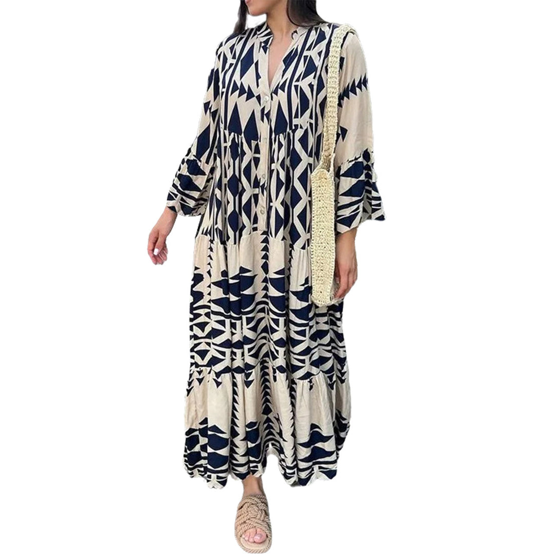 Damen Lockeres Maxikleid im Boho‑Stil mit grafischem Print, V‑Ausschnitt und Knopfleiste Echo Archiv
