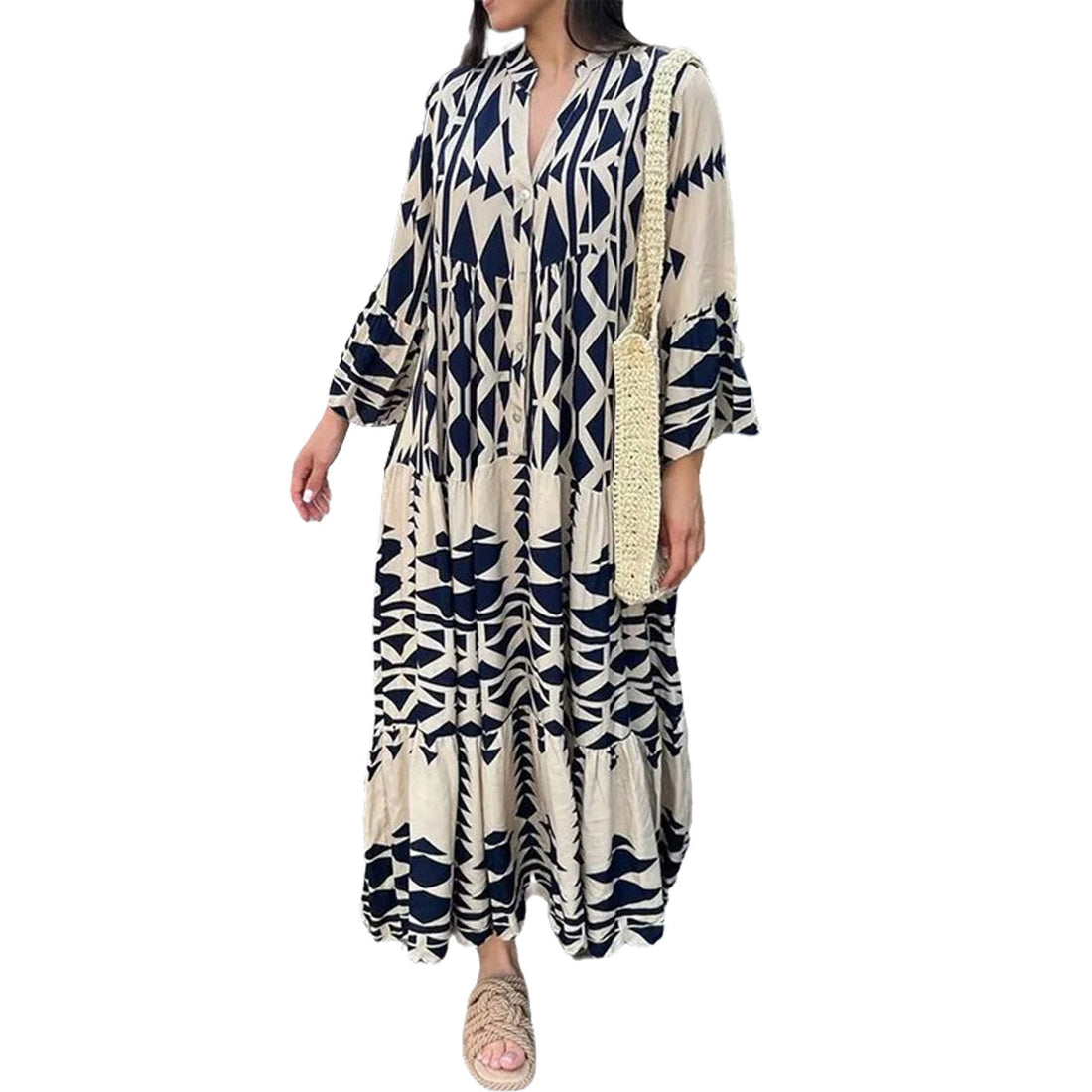 Damen Lockeres Maxikleid im Boho‑Stil mit grafischem Print, V‑Ausschnitt und Knopfleiste Echo Archiv