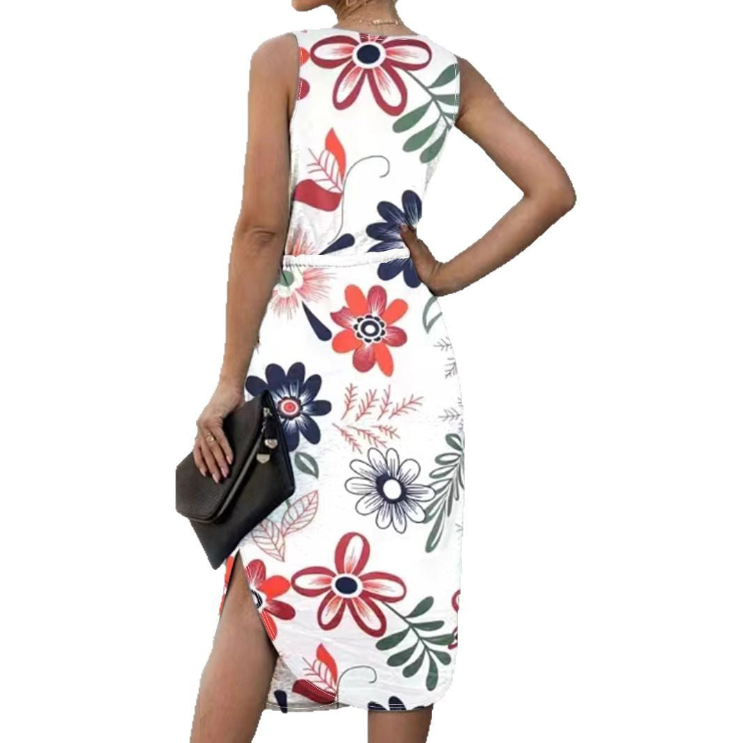 Damen Blumenmaxikleid mit elastischem Taillenkordelzug und seitlichem Schlitz Echo Archiv